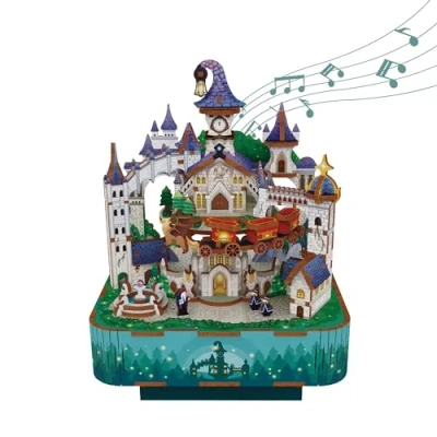 Image of Tonecheer Music Box Wooden 3D Puzzle, Magical Castle DIY Model Kit for Adults, Rotating Box, Puzzle Home Decoration Gifts Birthday Christmas