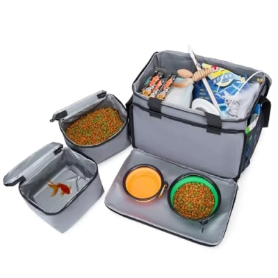 Image of Wakytu Dog Travel Bag, Airline Approved Tote Organizer for Dogs Stores All Your Accessories, Portable Bag Travel, Pet Includes 2 Food Storage Containers, Foldable Bowls(M)