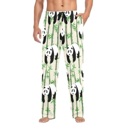 Image of Linomo Mens Pyjama Bottoms Cute Panda Bamboo Pyjamas Loungewear 100% Cotton Trouser Nightwear PJs Pants for Men Boys