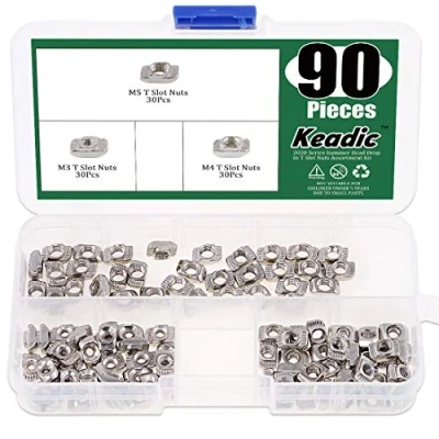 Image of Keadic 90Pcs 2020 Series T Nuts, M3 M4 M5 Hammer Head Fastener Drop in Slot Nut Assortment Kit with Organizing Box for Aluminum Profile Carbon Steel Nickel Plated