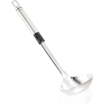 Image of Leifheit Large Ladle Stainless Steel, Ideal for a Punch Bowl or Soup in Silver/Black and Dishwasher Safe, Diameter 9 cm Volume 100 ml
