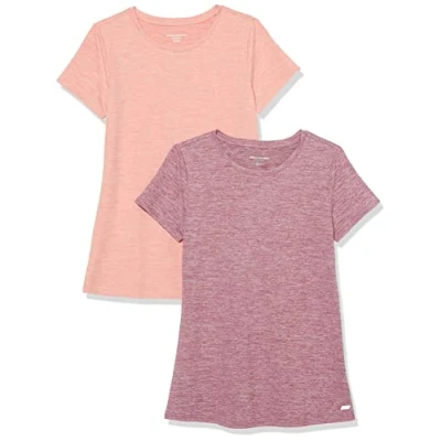Image of Amazon Essentials Women&#039;s Tech Stretch Short Sleeved Crew Neck T Shirt (Available in Plus Size), Pack of 2, Plum Space Dye/Salmon Pink Dye, L