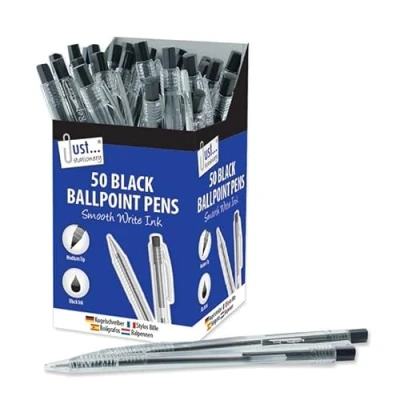 Image of M1SS 50 x Quality Retractable Medium Tip Ball Point Biro Pens Fluent Smooth Writing for Home School Office (Black)