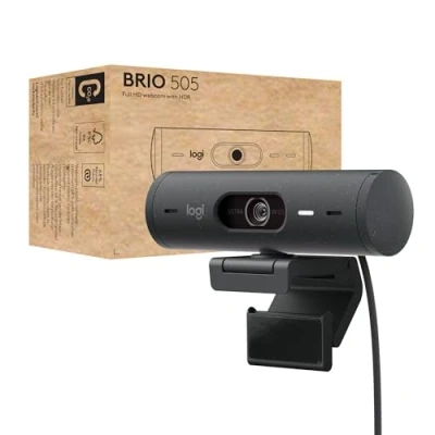 Image of Logitech Brio 505 Full HD webcam with auto light correction, framing, Show Mode, dual noise reduction mics, privacy shutter Works Microsoft Teams, Google Meet, Zoom Grey