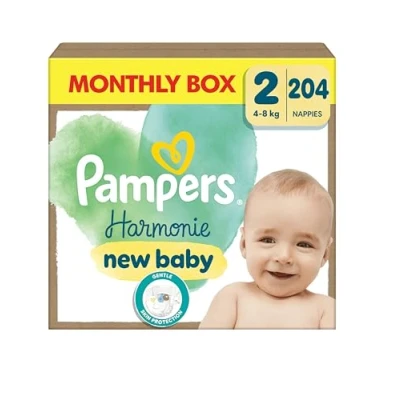 Image of Pampers Harmonie Baby Nappies Size 2, 204 Nappies, 4kg 8kg, Monthly Pack, Gentle Skin Protection Cushiony Soft