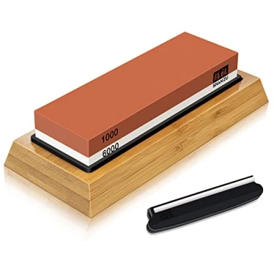 Image of SHAN ZU Sharpening Stone for Knives, Grit 1000/6000 Whetstone with Angle Guide Non Slip Bamboo Base Japanese Knife Sharpeners Professional 2 in 1 Wetstone Home Kitchen