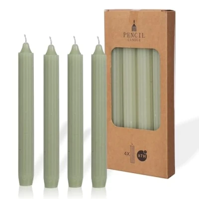 Image of COMFORDER Taper Candles Set, 4 x Table Plain + Ribbed, 20 cm, 7 Hours Burning Time, Unscented (Light Green)