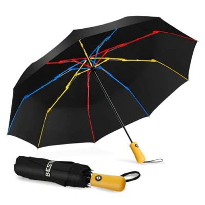 Image of BESTKEE Windproof Travel Folding Umbrella Automatic, Large Rain Compact Portable Fast Drying with Auto Open/Close Button, Non slip Handle (Black)