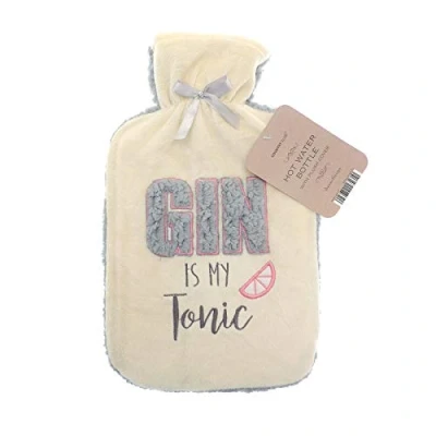 Image of Gin is My Tonic Hot Water Bottle Soft Cream Cosy Fleece Removable Cover with Elastic Neck Includes 2 Litre Natural Rubber Embroidered Lemon Wedge Silver Bow Sherpa Style Warm Thermatherapy