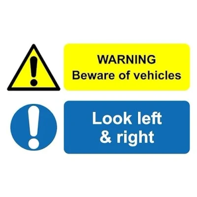 Image of Warning beware of vehicles look left &amp; right safety sign Self adhesive sticker (300mm x 200mm)
