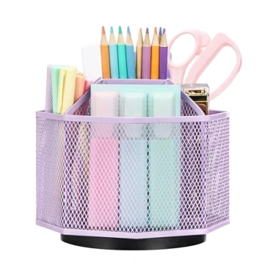 Image of EXERZ Desk Organiser/Mesh Tidy Caddy/Pencil Holder/Multifunctional 360 Rotating Light Purple