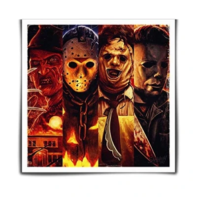 Image of MJ_ART Holloween Horrer Movie Michael Myers vs Jason Voorhees Freddy Krueger Poster Wall Art Home Decorations for Bedroom Living Room Oil Paintings Canvas Prints 318 (Unframed,16x16inch)