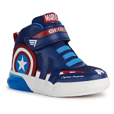 Image of Geox Marvel Avengers Captain America Light UP Grayjay BOY Hightop trainers for kids, Size: 10K, Navy/red Synthetics/textile