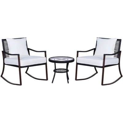 Image of Outsunny 3 Pieces Rocking Chair Bistro Set Furniture Coffee Table Rattan Wicker Brown