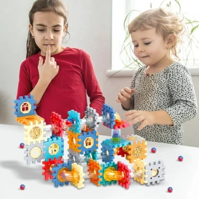Image of koolbitz 98 Piece Ball Track Bricks Building Block Set Creative and Educational Construction Toy with Transparent Tubes, Rotatable Windows, Dynamic Movement for Kids Ages 3+