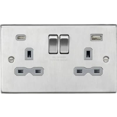 Image of KnightsBridge 13A 2G SP Raised Square Edge Switched Socket with Dual USB A+C Brushed Chrome, Grey Insert