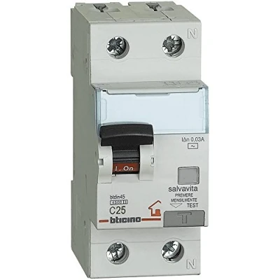 Image of BTicino GC8813AC25 BTDIN Thermal Magnetic Differential Circuit Breaker 1P + N, 4.5 kA IDN = 0.03 A, In 25 A