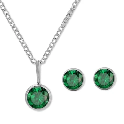 Image of AOWVUTS Birthstone Jewellery Set for Women, May Emerald Stainless Steel Pendant Necklace and Stud Earrings Set, Silver Cubic Zirconia Birthday Jewelry Present Women Girl