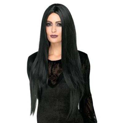 Image of Smiffys Deluxe Witch Wig, Black Extra Long, 75cm/30in, Heat Resistant/Styleable, Halloween Fancy Dress Accessory, Up Wigs