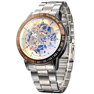 Image of Alienwork IK Automatic Watch Men Women Silver Stainless Steel Metal Strap Gold Skeleton Glass Bottom