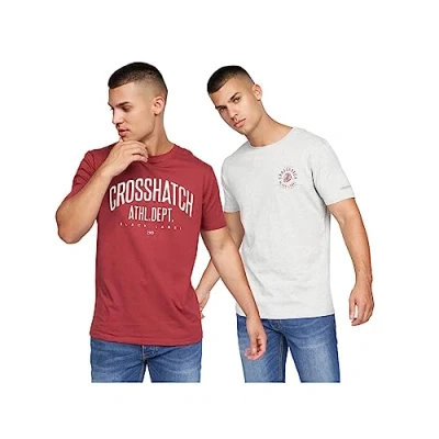 Image of Crosshatch Mens 2 Pack Premium Half Sleeve Crew Neck T Shirt with Letter Print Logo Design(S,OLDSKOOL RED/Grey)