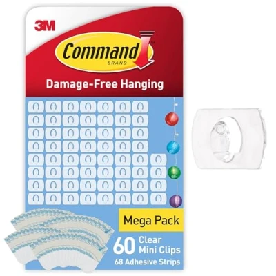 Image of Command Clear Decorating Clips, Value Pack of 60 Transparent Clips and 68 Small Adhesive Strips Little Hooks for Decorations Fairy Lights Damage Free Hanging Packaging May Vary