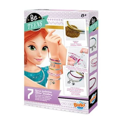 Image of Buki France Be Teens Glitter Jewellery Making Gift Set. Kit. Create 5 Bracelets &amp; 2 Necklaces with Instructions Accessories. Arts Crafts for Kids. Suitable Boys Girls 8+