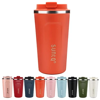 Image of SUNTQ Coffee Travel Mug with Leakproof Lid Reusable Cups Thermal Insulated Cup Stainless Steel for Hot and Cold Drinks, 18oz/510ml, Coral Orange