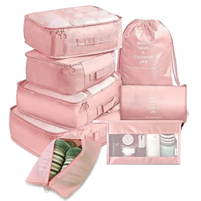 Image of Travel Packing Cubes, Toifucos Multifunction 8pcs/set Cubes Luggage Organiser Waterproof Compression Suitcase Bag Essential Bag, Pink