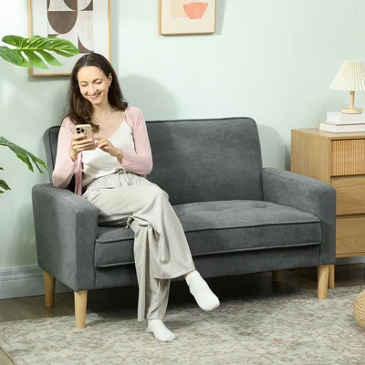 Image of HOMCOM 2 Seater Sofa, Modern Velvet Feel Sofa with Rubber Wood Legs, Upholstered Tufted Loveseat for Small Space, Living Room, Bedroom, Home Office, Grey