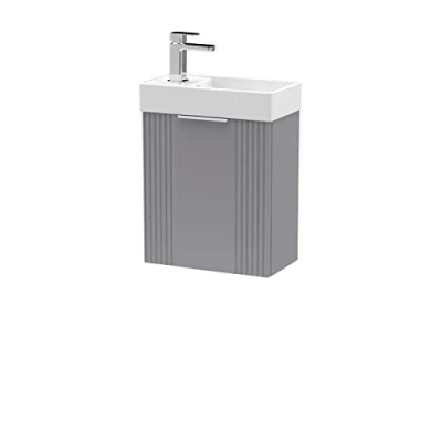 Image of nuie FLT290 Deco Modern Bathroom Wall Hung Part Fluted 1 Door Slimline Vanity Unit with Ceramic Basin, 400mm, Satin Grey