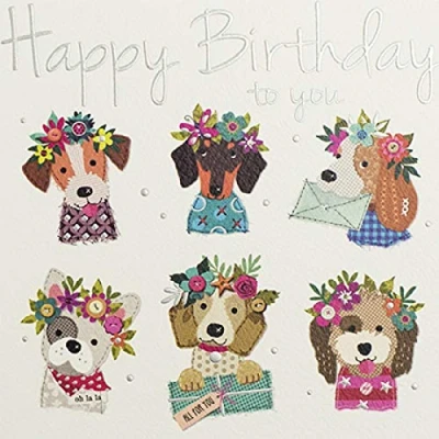 Image of Female Open Birthday Card from The Made with Love Range Dogs &amp; Flowers Foil Embossed Finish