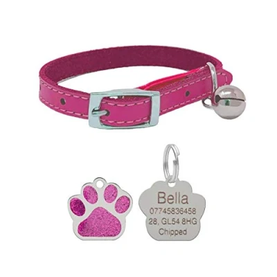 Image of Leather Cat Collar, Safety Elastic Bell &amp; Engraved Glitter Tag (Pink)
