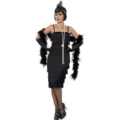 Image of Smiffys Flapper Costume, Black with Long Dress, Headband &amp; Gloves, 1920&#039;s Razzle Fancy Adult Dress Up Costumes
