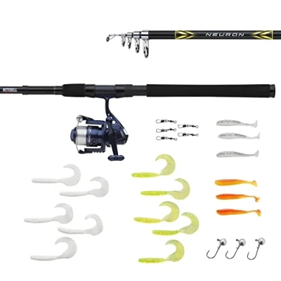 Image of Mitchell Neuron SW Spin Combo, Fishing Rod and Reel Spinning Combo Lure Fishing, Sea Inshore/Nearshore Bass, Cod Flatfish, Includes Tackle, Ready to Fish, Blue/Gold, 1.8m 5 15g