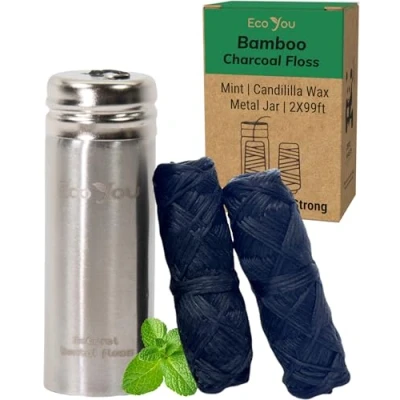 Image of EcoYou Eco Floss 2 Charcoal Dental Refills + Holder Mint &amp; Candelilla Wax Bamboo Floss, Natural Biodegradable Refill