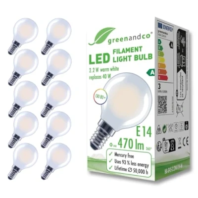 Image of greenandco 10 x Frosted LED Filament Bulb E14 G45 2.2W 470lm Replaces 40W 2700K Warm White 320 230V No Flicker Energy Class A Non Dimmable