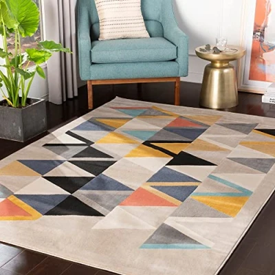 Image of Livabliss Marietta Geometric Rug Scandi Area Rugs Living Room 160x220 cm, Dining, Kitchen Neutral, Abstract Patterned Rugs, Boho Style, Easy Care Pile Large Rug, Beige, Orange and Grey