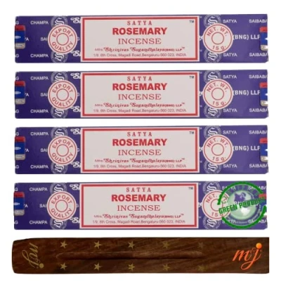 Image of Original Satya Nag Champa Rosemary incense sticks with M&amp;J holder x4 pack for Aromatherapy, Spa, Yoga, Weddings, Meditation, Healing, Positivity and Relaxation