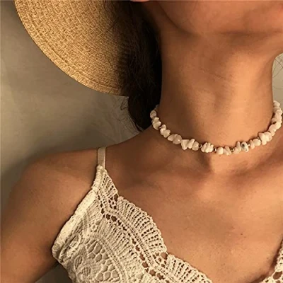 Image of Sttiafay Irregular Chips Stone Beads Necklace Gold Choker Boho Hanndmade Clavicle Chain Jewelry for Women and Girls, White