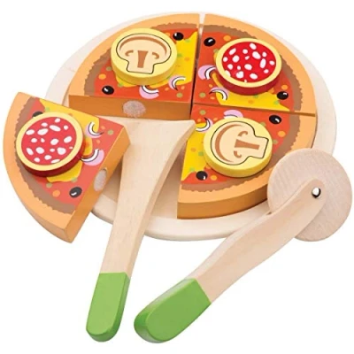 Image of New Classic Toys 10586 Master Wooden Pretend Play Kids Cutting Pizza Salami Cooking Simulation Educational Perception Toy for Preschool Age Toddlers Boys Girls, Multi Color