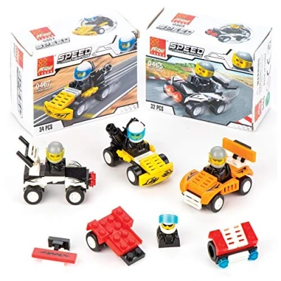 Image of Baker Ross AV342 Build Your Own Brick Racer Kit Value Pack— Novelty Toys for Kids, Perfect Party, Loot, Prize Bag and Stocking Filler (Pack of 4), Assorted