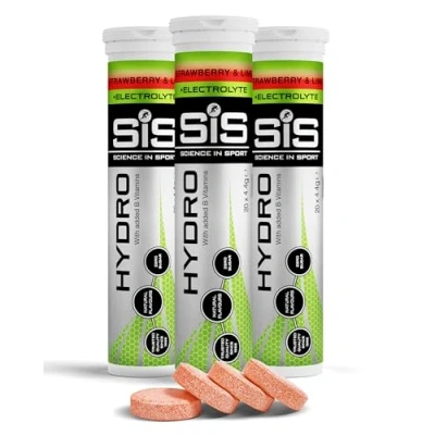 Image of Science In Sport Hydro Hydration Tablets, Gluten Free, Zero Sugar, Strawberry and Lime Flavour Plus Electrolytes, 20 Effervescent Tablets per Bottle (3 Bottles)