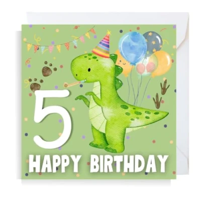Image of Second Ave Dinosaur 5th Birthday Age 5 Square Children&#039;s Kids Greeting Card for Boy or Girl