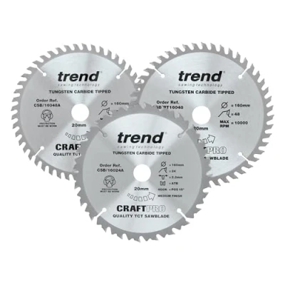 Image of Trend Wood Circular Saw Blades, 160mm Diameter, 20mm Bore, 24 &amp; 48 Teeth, TCT, 2.2mm Kerf, +15 Hook +4 Hook, CSB/160/3PK/A