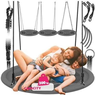 Image of tectake® Large Nest Swing with Water Repellent Textilene Cover, Height Adjustable Ropes, 300kg Capacity, Padded Edge &amp; Easy Maintenance Round Garden for Indoor Outdoor Use 120x120x180cm