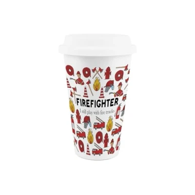 Image of Firefighter Ceramic Travel Mug Novelty Trades &amp; Emergency Service Workers Gifts Reusable Silicone Lid Double Walled Insulated Drinks Cup Present