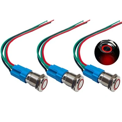 Image of QitinDasen 3Pcs Premium 12mm Momentary Push Button Switch, 12V / 24V 3A Car Ignition Starter Red LED Light Stainless Steel IP66 Waterproof Switch with Socket Plug Wire