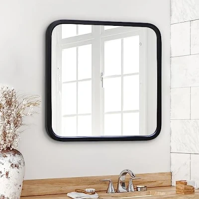 Image of Americanflat 60 cm Square Black Frame Mirror with Rounded Corners Wall for Bedroom, Bathroom, and Living Room Large Hanging Hardware