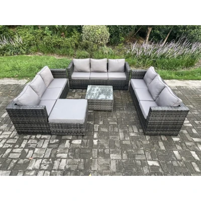Image of Fimous Outdoor Rattan Garden Furniture Set 10 Seater Patio Lounge Sofa with Square Coffee Table Big Footstool Dark Grey Mixed